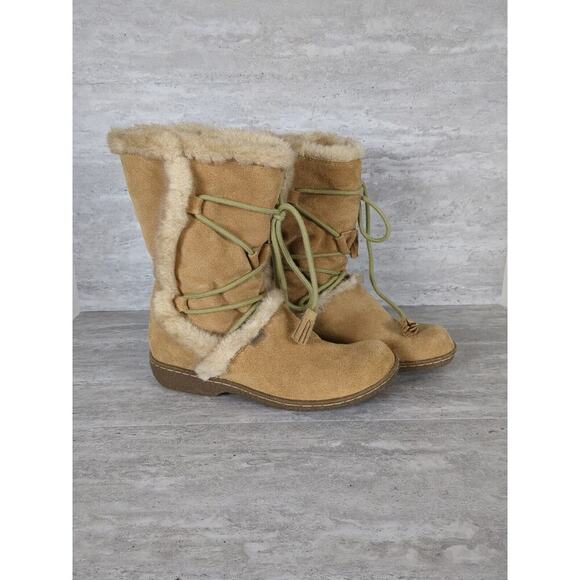 MIA Suede tan strappy Boots faux fur lining Size 7 - Picture 1 of 7
